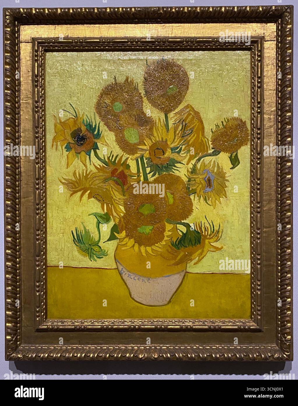 Van Goghs Gemälde mit Sonnenblumen gehören zu seinen berühmtesten. In den Jahren 1888 und 1889 malte Vincent insgesamt fünf große Leinwände mit Sonnenblumen in einer Vase , drei Gelbtöne und nichts anderes . Auf diese Weise zeigte er , dass es möglich war , ein Bild mit zahlreichen Variationen einer einzigen Farbe ohne Eloquenzverlust zu erzeugen . Stockfoto