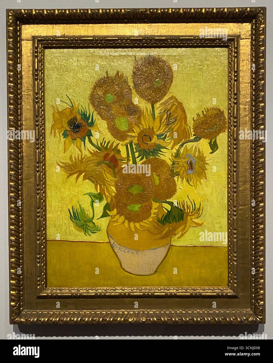 Van Goghs Gemälde mit Sonnenblumen gehören zu seinen berühmtesten. In den Jahren 1888 und 1889 malte Vincent insgesamt fünf große Leinwände mit Sonnenblumen in einer Vase , drei Gelbtöne und nichts anderes . Auf diese Weise zeigte er , dass es möglich war , ein Bild mit zahlreichen Variationen einer einzigen Farbe ohne Eloquenzverlust zu erzeugen . Stockfoto