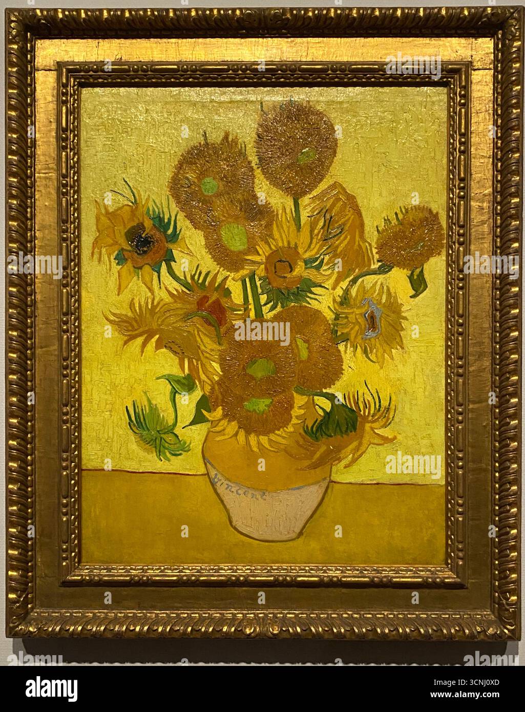 Van Goghs Gemälde mit Sonnenblumen gehören zu seinen berühmtesten. In den Jahren 1888 und 1889 malte Vincent insgesamt fünf große Leinwände mit Sonnenblumen in einer Vase , drei Gelbtöne und nichts anderes . Auf diese Weise zeigte er , dass es möglich war , ein Bild mit zahlreichen Variationen einer einzigen Farbe ohne Eloquenzverlust zu erzeugen . Stockfoto