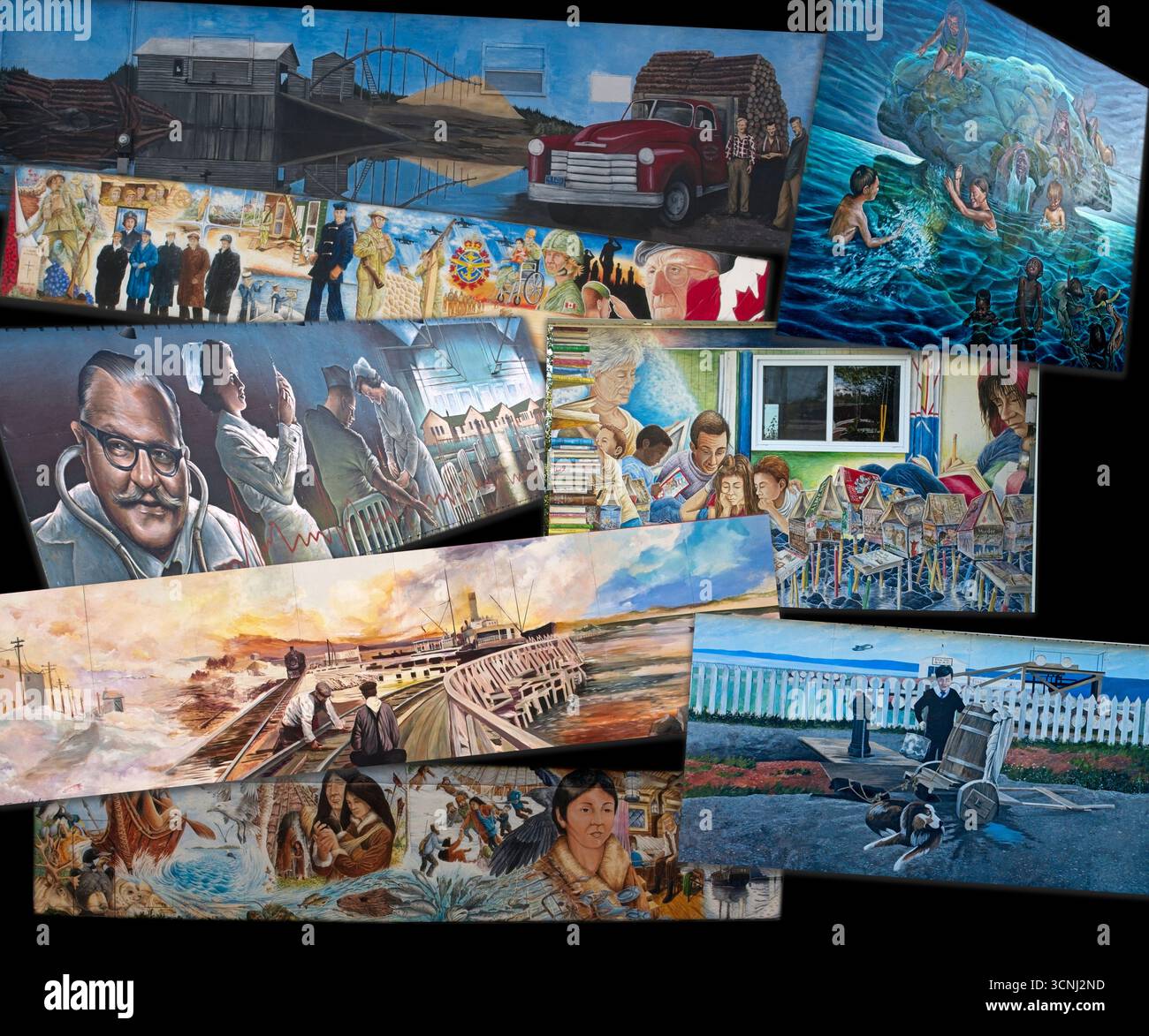 Eine Auswahl an Wandgemälden aus Botwood und Neufundland, die auf verschiedenen Gebäuden in der Stadt gemalt wurden Stockfoto