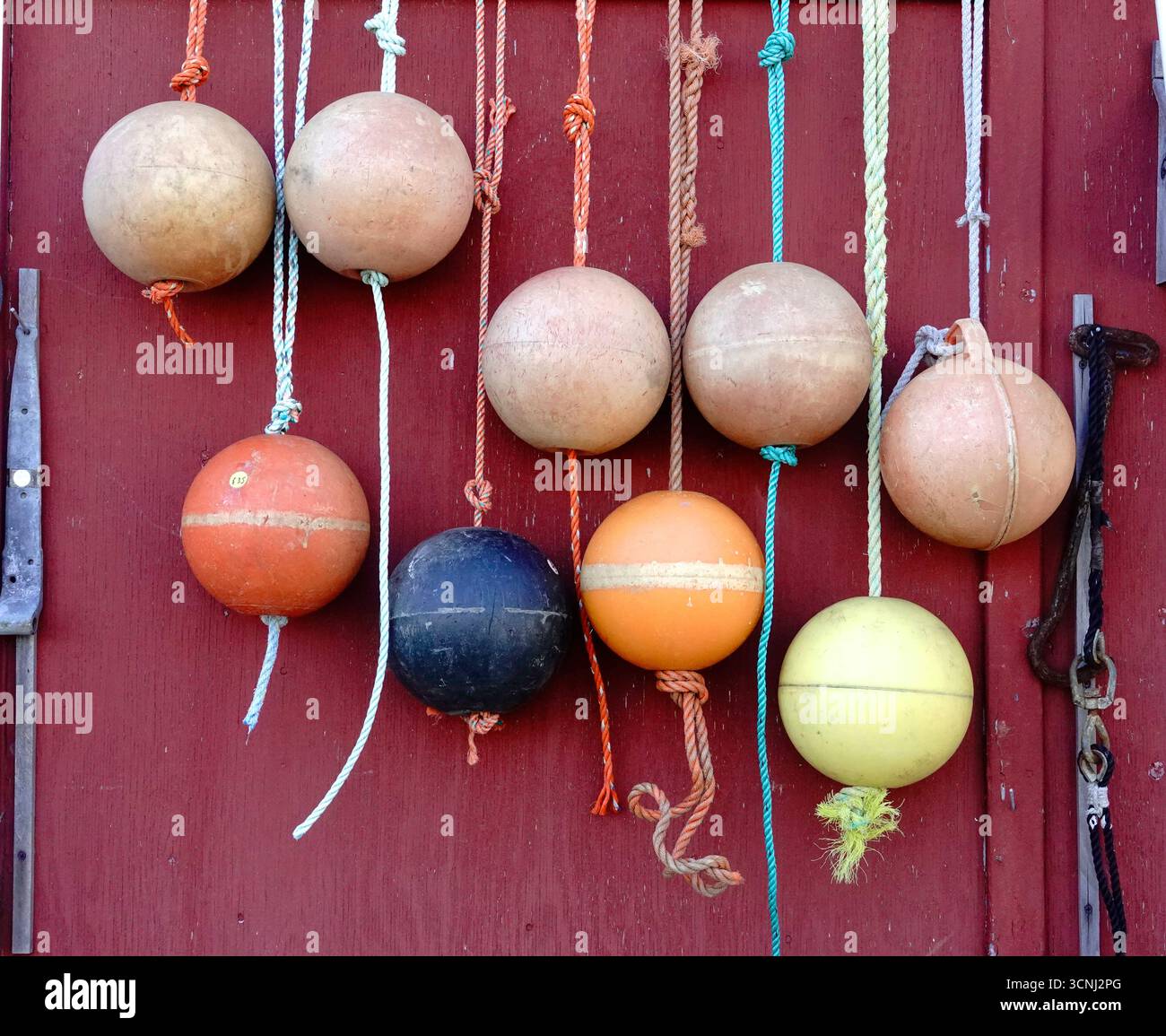 Vintage Angelwagen in verschiedenen Farben sind ordentlich angeordnet und hängen an Seilen an einer rustikalen roten Holzwand, die die Mariti eines Küstendorfes zeigt Stockfoto
