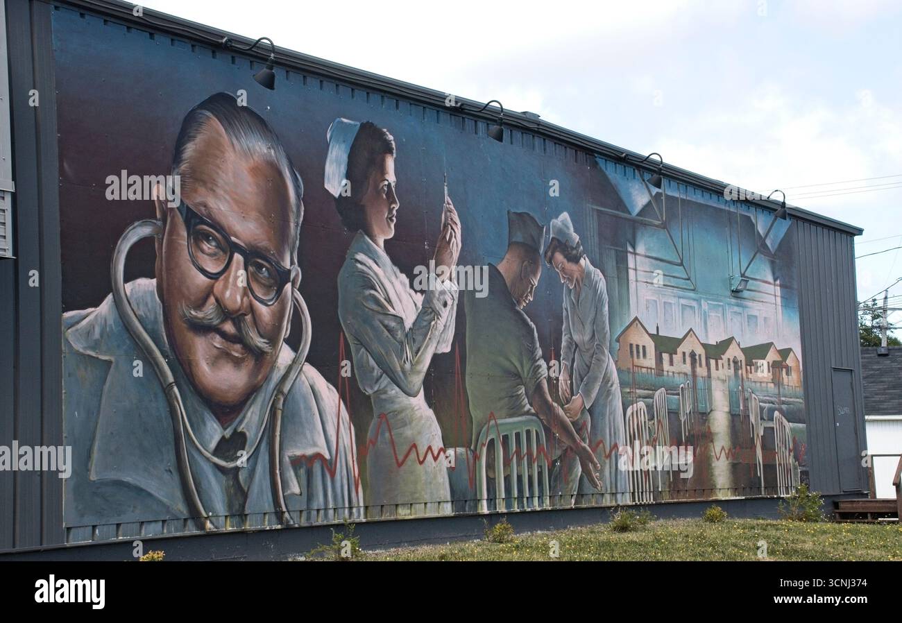 Ein handgemaltes Wandgemälde ziert ein Gebäude in Botwood, Neufundland Stockfoto