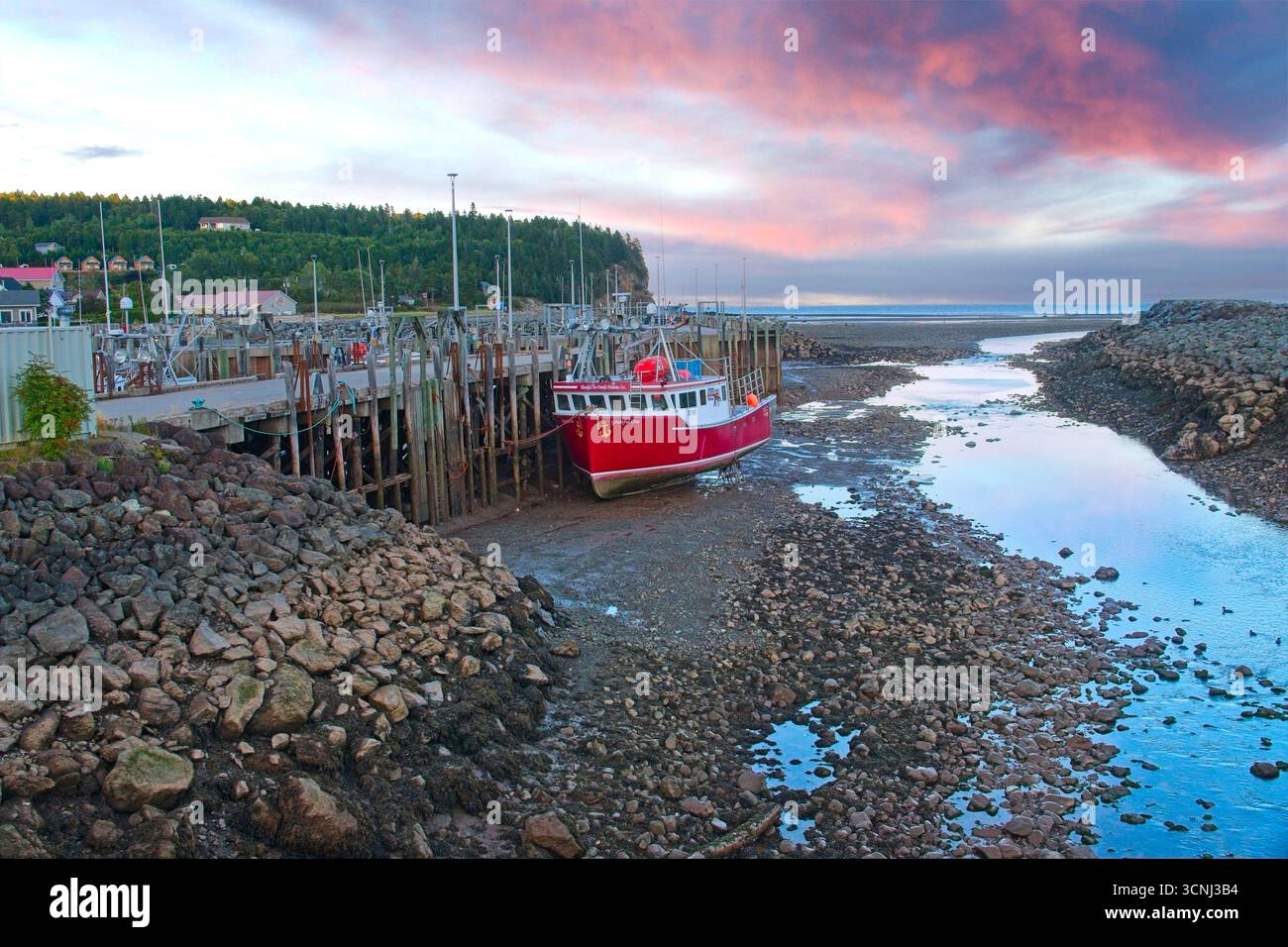 Ein Fischerboot bei Ebbe auf Grund im Hafen von Alma New Brunswick am Rande des Fundy-Nationalparks Stockfoto