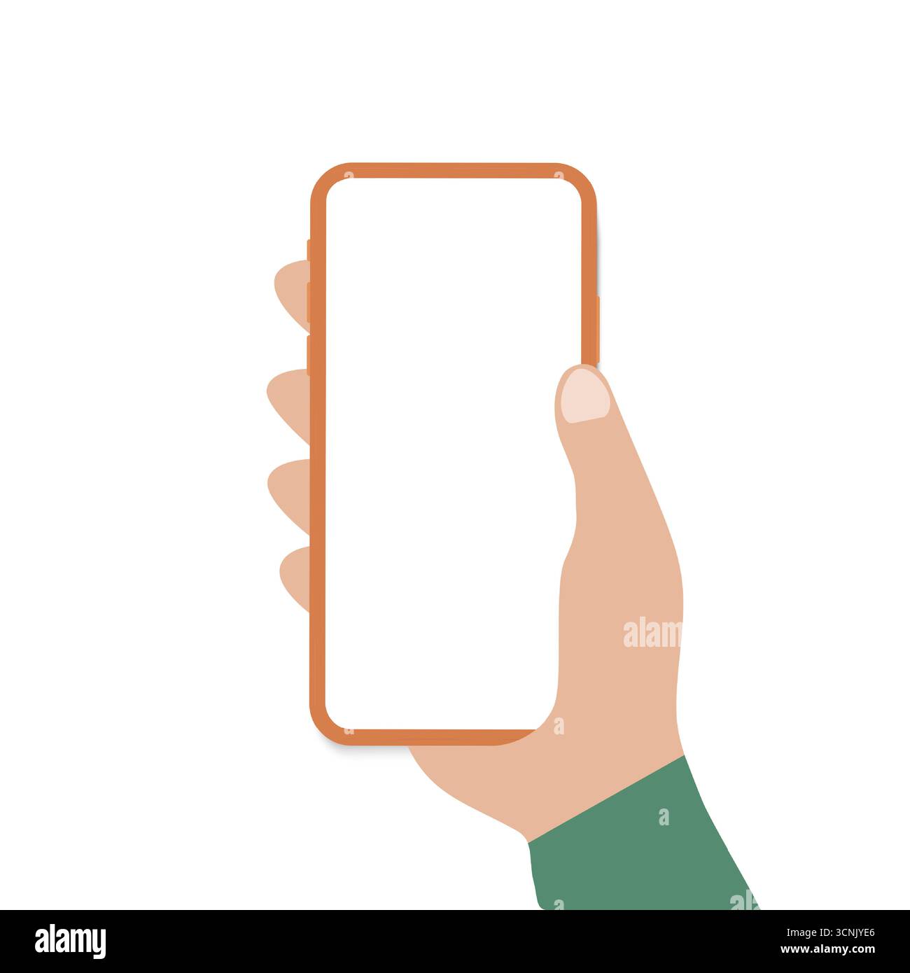 Hand hält orangefarbenen Smartphone-Vektor, minimal flach, leerer Bildschirm, isoliert auf weiß, Stock-Vektor Stock Vektor