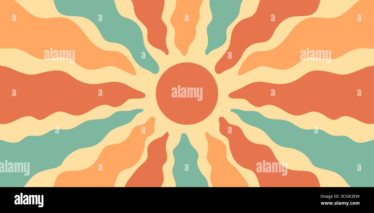 Retro Groovy Sun Burst Mit Welligen Strahlen Stock Vektor