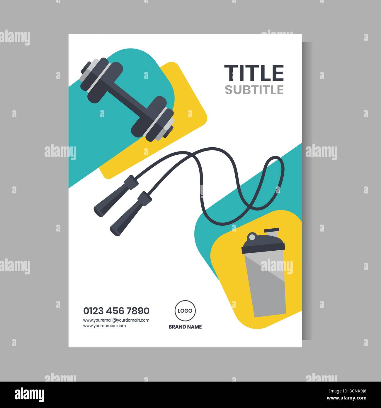 Dynamische Fitness Flyer Vorlage mit Kurzhantel Sprungseil und Shaker Flasche für Gym Promotion Vektor Stock Vektor