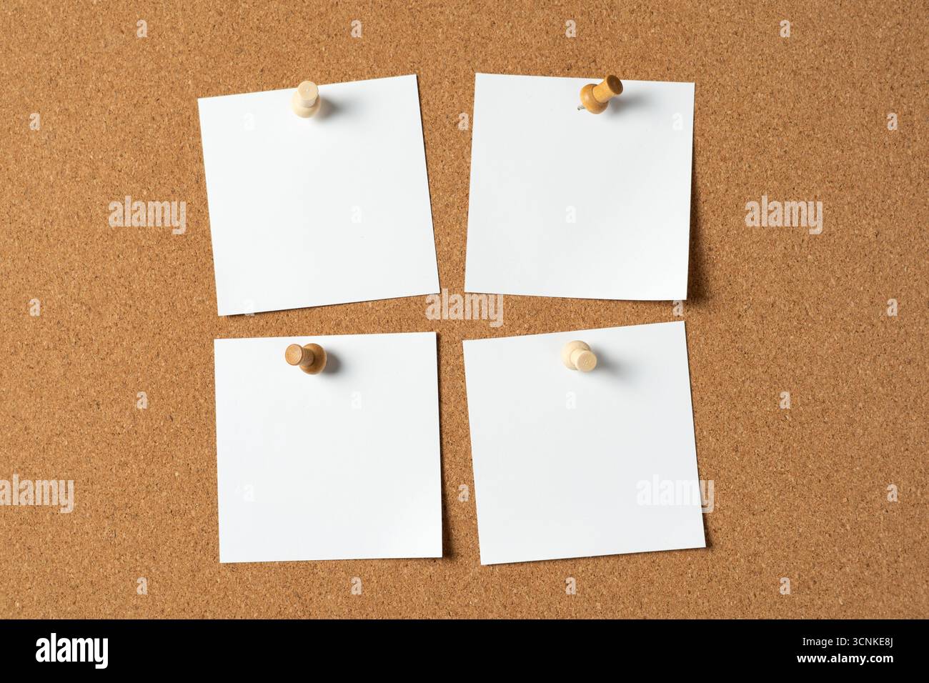 Vier leere weiße Notizen, die an einer Kork-Pinnwand mit hölzernen Stecknadeln befestigt sind, schaffen Platz für Erinnerungen, Nachrichten oder Ideen in einem organisierten Layout. Stockfoto