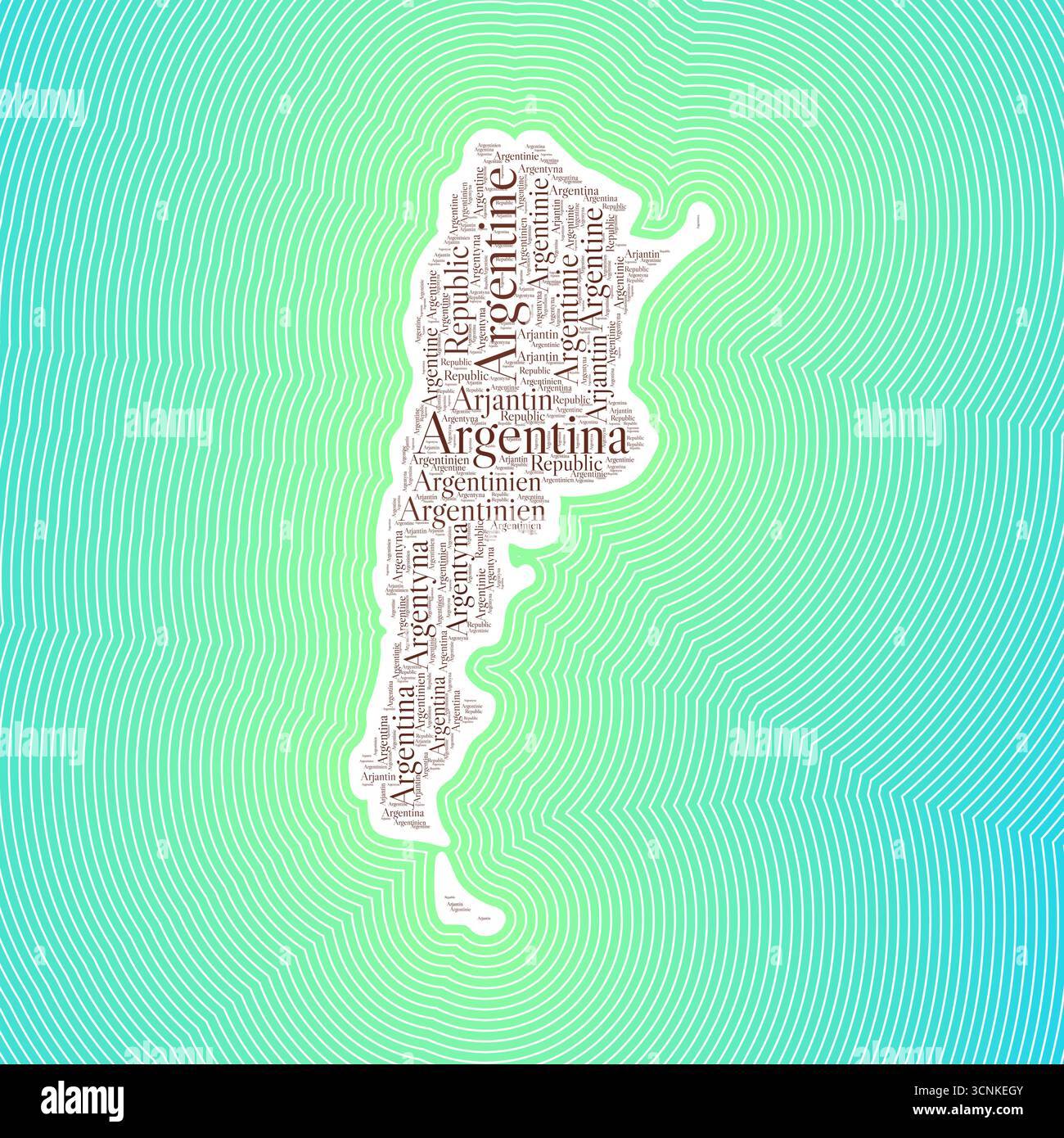 Argentinische Form, die durch den Ländernamen in mehreren Sprachen gebildet wird. Argentinischer Rand auf stilvollem gestreiftem Hintergrund mit Farbverlauf. Lebendiges Poster. Stock Vektor