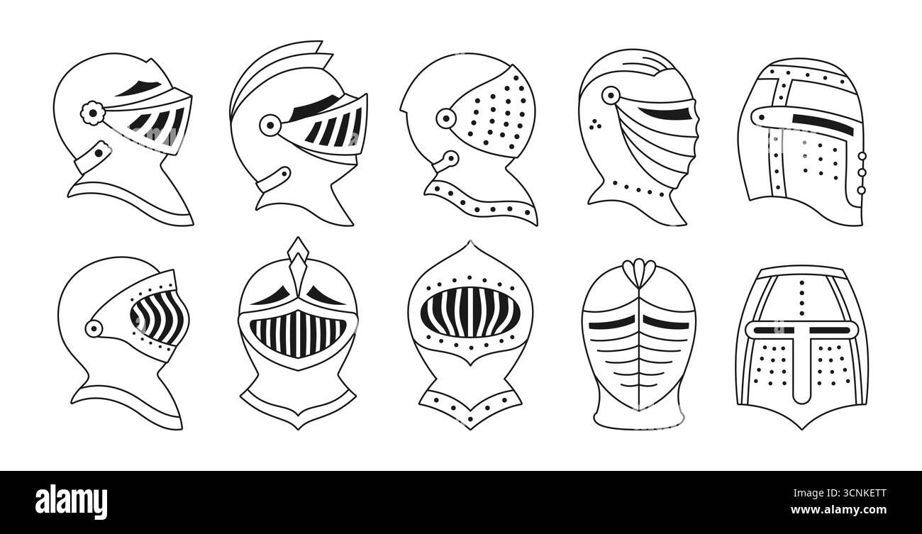 Mittelalterliche Helme Zeichen Umriss Vektor Set. Heraldische Icon-Kollektion. Alte Krieger Ritter Kopf Rüstung Visier Gefieder für Wappen. Heraldik Elemente Ritter Helm Symbol Kontur Linie Illustration Stock Vektor