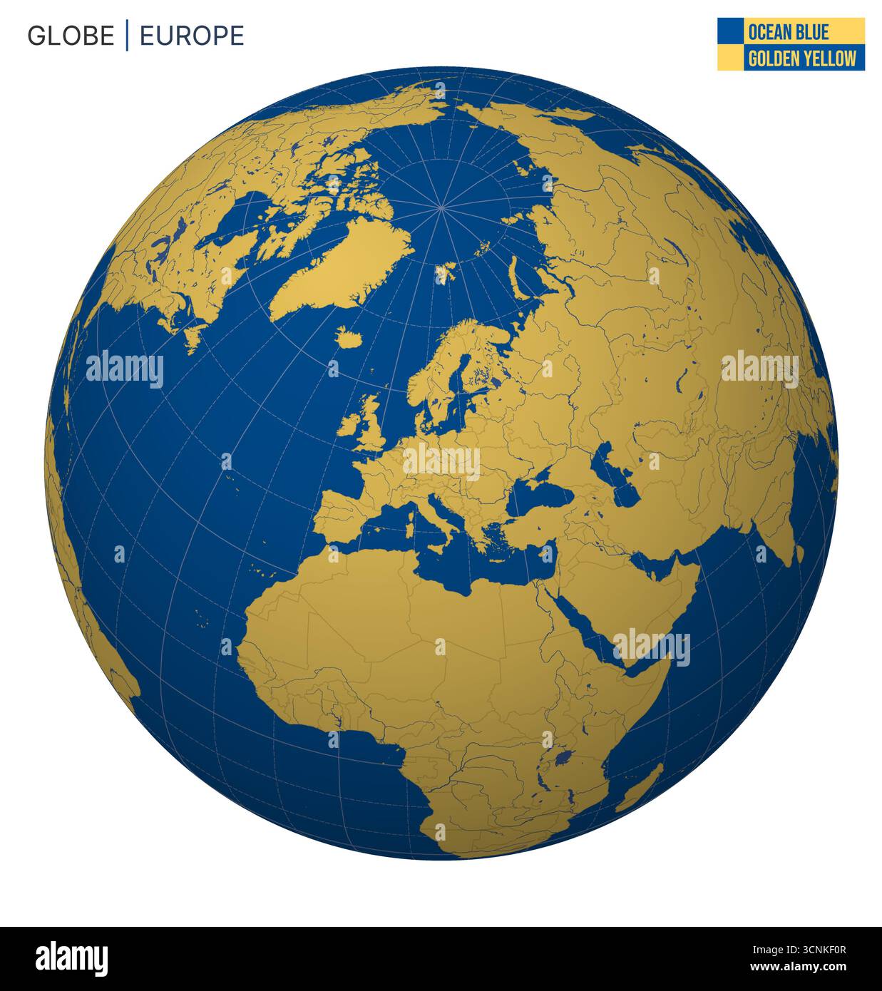 Vector Globe mit Schwerpunkt auf Europa. Farbpalette Ocean Blue Golden Yellow. Weltkarte mit Meridianen, Parallelen, Ländern, Flüssen und Seen. Stock Vektor