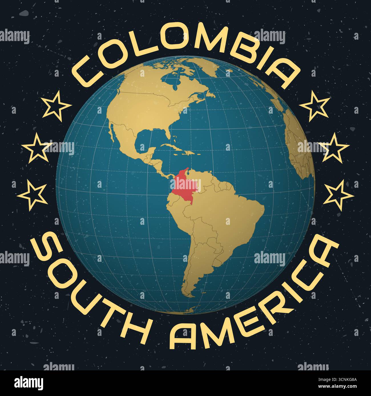 Republik Kolumbien auf Globe. Runder Text für Ländernamen. Vintage-Look mit zerkratzter Grunge-Textur. Stock Vektor