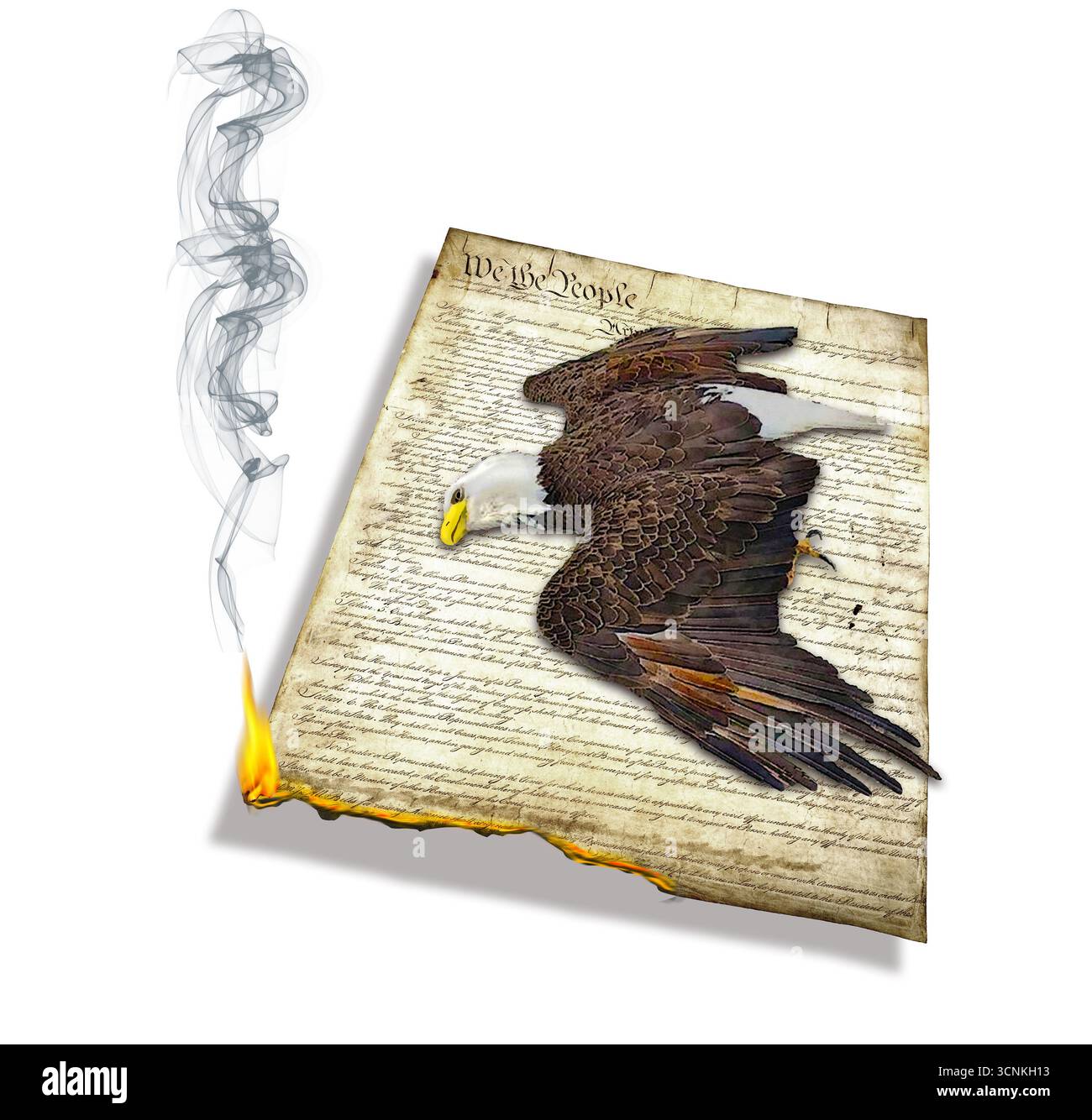 Der Niedergang der US-Verfassung ist heute in Amerika ein beliebtes Thema. Hier ist ein toter Weißkopfseeadler auf einer brennenden Kopie der Verfassung zu illu Stockfoto