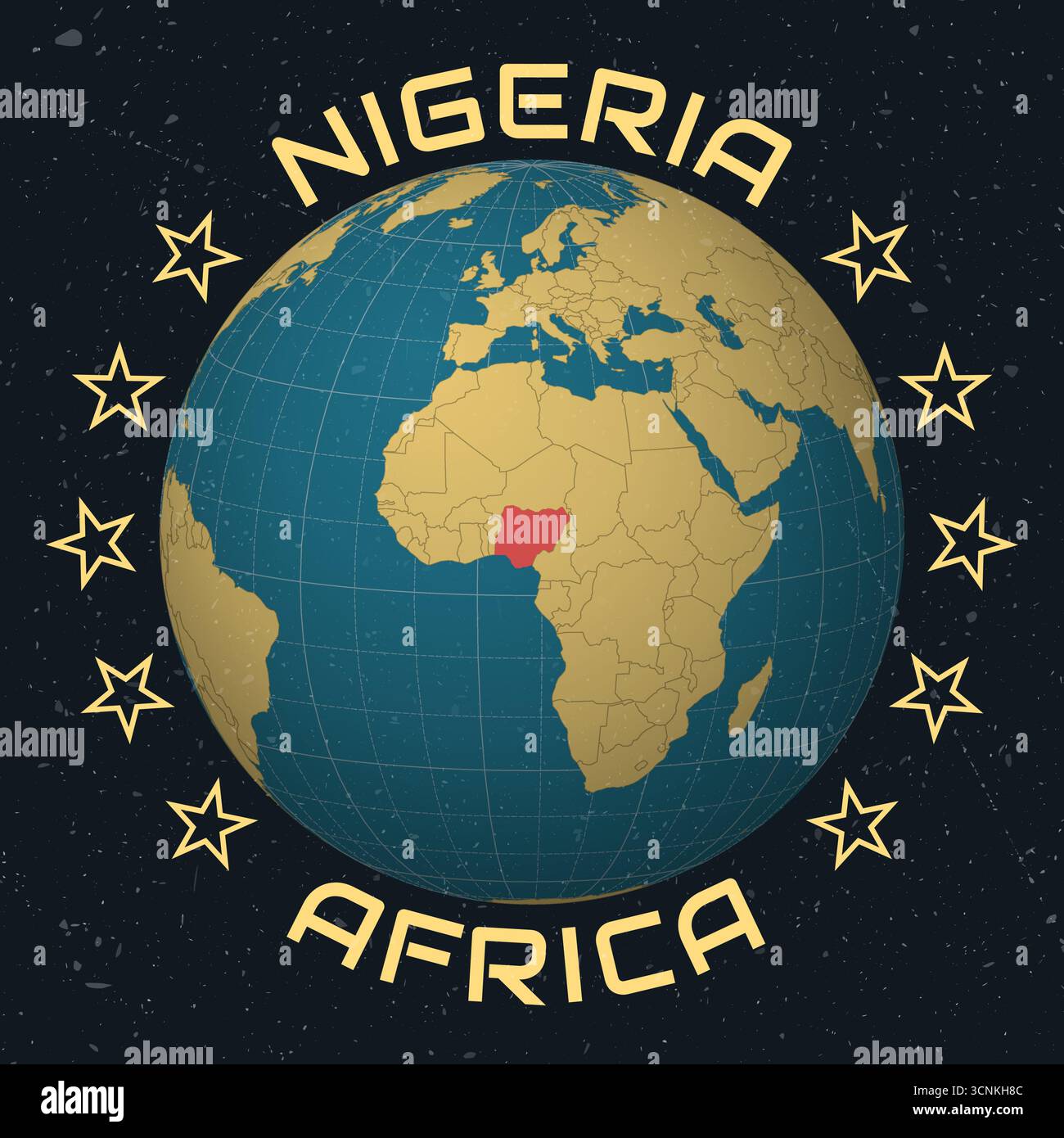 Bundesrepublik Nigeria auf Globe. Runder Text für Ländernamen. Vintage-Look mit zerkratzter Grunge-Textur. Stock Vektor