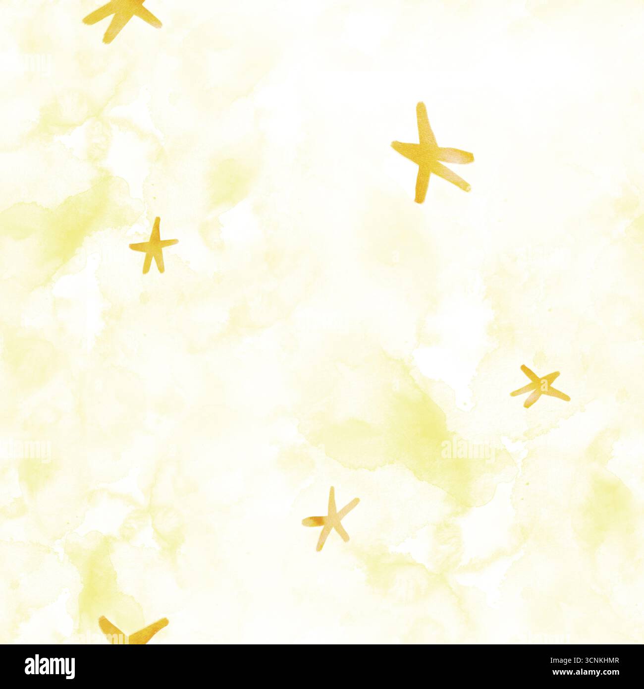 Nahtloses Aquarellmuster mit gelben Seesternen auf hellem Hintergrund. Ideal für Kinderdesigns, Kinderzimmer, Stoff oder Schreibwaren. Handbemalt, süß Stockfoto