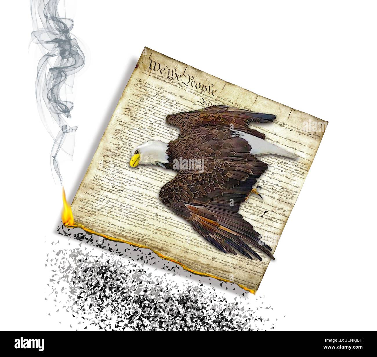 Der Niedergang der US-Verfassung ist heute in Amerika ein beliebtes Thema. Hier ist ein toter Weißkopfseeadler auf einer brennenden Kopie der Verfassung zu illu Stockfoto