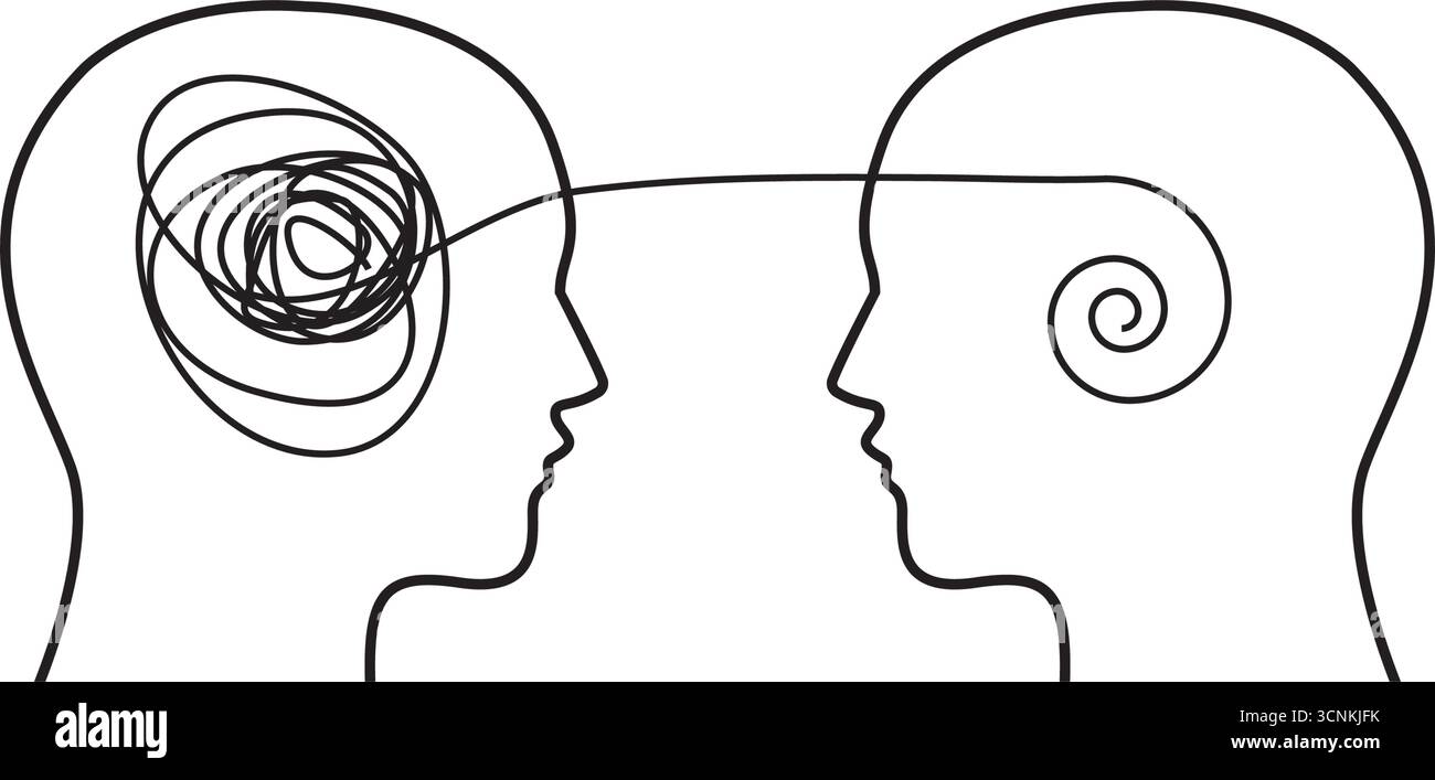 Konzept der Psychotherapie, des Brainstormings und der psychischen Problemlösung. Vektorabbildung. Gehirne mit verwickelten Knoten und Ordnung im Kopf eines Mannes. Simplif Stock Vektor