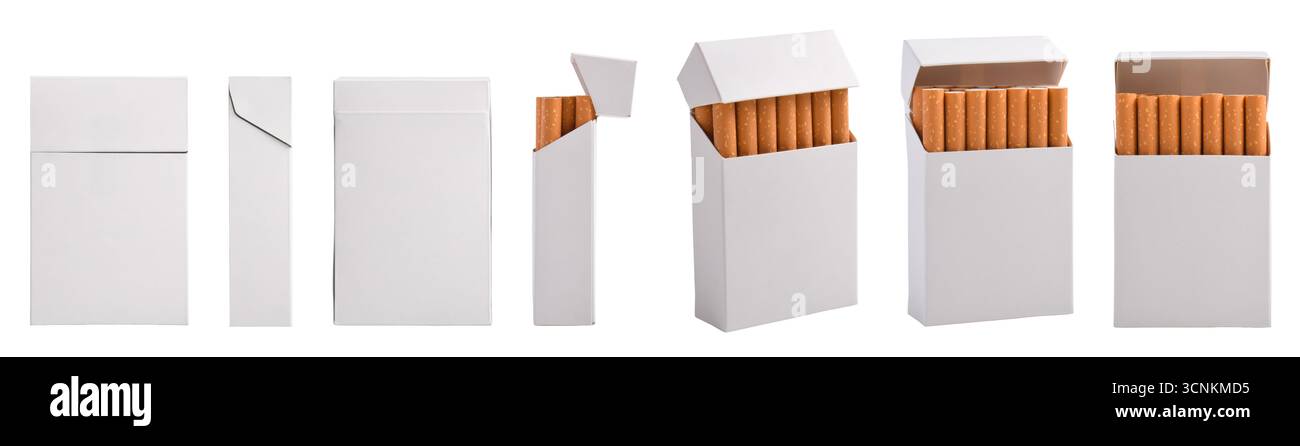 Satz leerer Zigarettenpackungen isoliert auf weißem Hintergrund Stockfoto