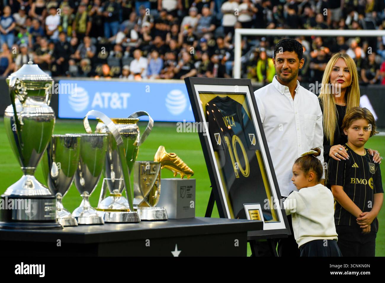Los Angeles, USA, 21. September 2025. Carlos Vela vom FC Los Angeles wird bei der „Noche de Carlos Vela“ im BMO Stadium geehrt und für seine Verdienste um den Verein ausgezeichnet. Foto: Camilo Torres/Alamy Live News. Stockfoto