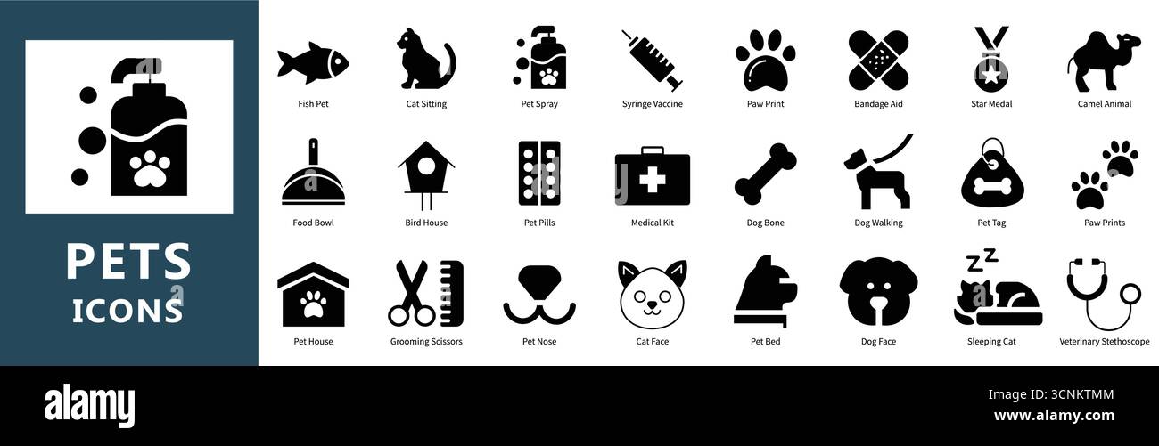 PET Icons Collection | Vektor-Set für Tierarzneimittel, Tierpflege, Adoption und Tierzubehör Stock Vektor