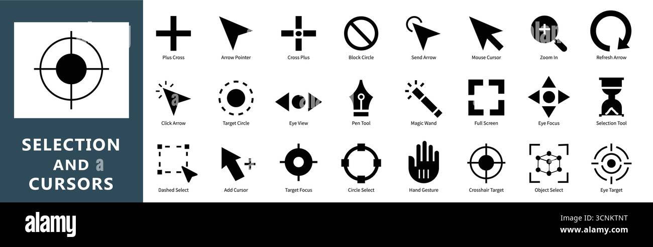 Auswahl Cursor und Zeigersymbole festgelegt - UI-Schnittstelle Vektor-Grafiksammlung. Mauszeiger, Klicken, Ziehen und Navigationsvektorsymbole Stock Vektor