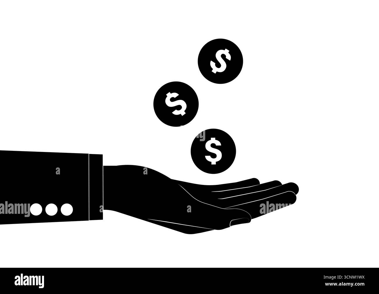 Hand halten Münzsymbol Silhouette Schwarz-weiß. Vektorabbildung. Wachstum von Geld, Sparen und Investitionen. Stock Vektor