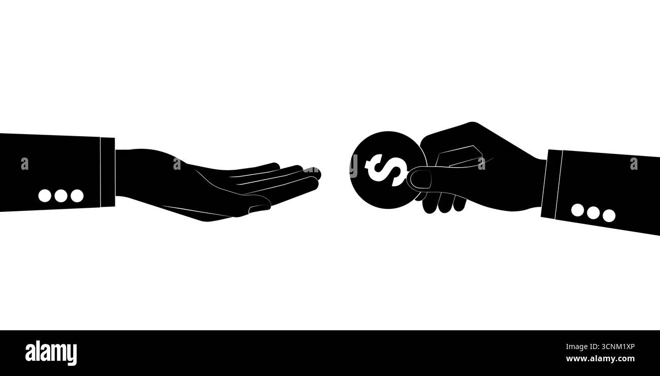 Hand halten und Münzsilhouette geben Schwarz und weiß. Vektorabbildung. Wachstum von Geld, Sparen und Investitionen. Stock Vektor