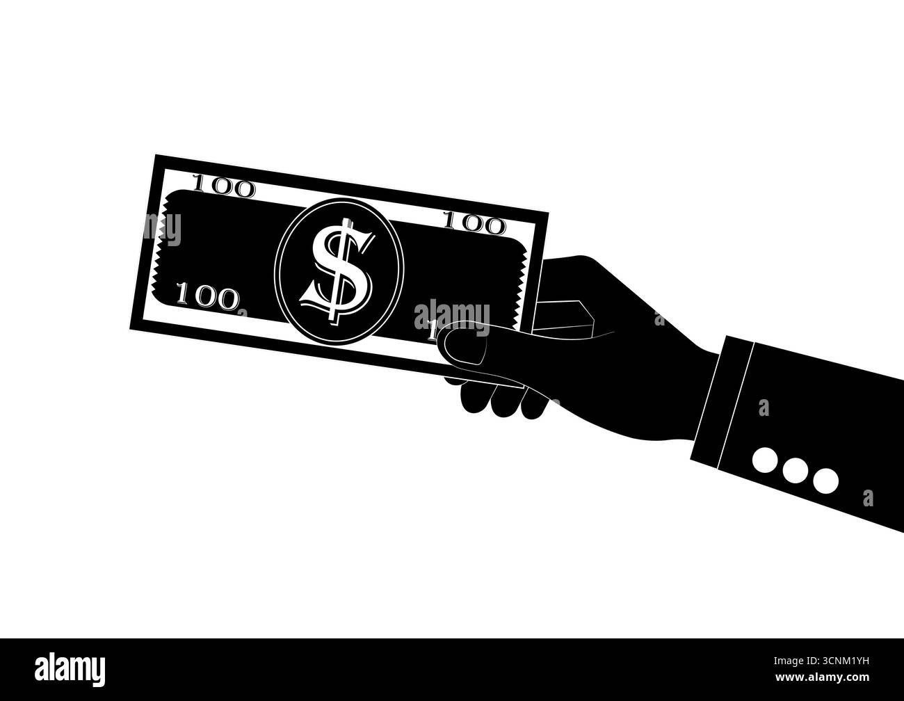 Hand hält Dollar-Schein oder Bargeld Silhouette Schwarz und weiß. Vektorabbildung. Wachstum von Geld, Sparen und Investitionen. Stock Vektor