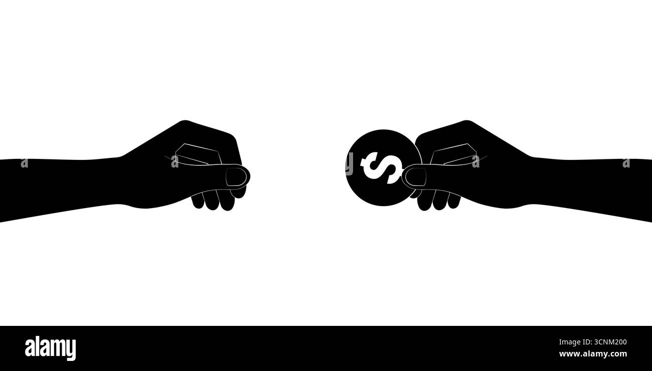 Hand halten und Münzsilhouette geben Schwarz und weiß. Vektorabbildung. Wachstum von Geld, Sparen und Investitionen. Stock Vektor