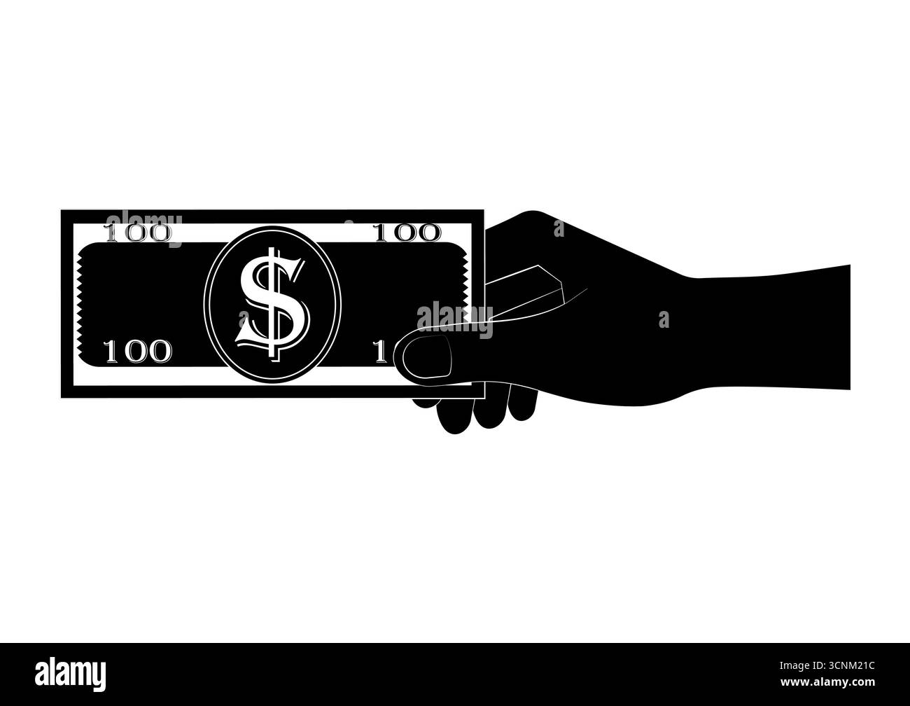 Hand hält Dollar-Schein oder Bargeld Silhouette Schwarz und weiß. Vektorabbildung. Wachstum von Geld, Sparen und Investitionen. Stock Vektor