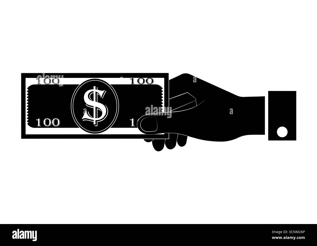 Hand hält Dollar-Schein oder Bargeld Silhouette Schwarz und weiß. Vektorabbildung. Wachstum von Geld, Sparen und Investitionen. Stock Vektor
