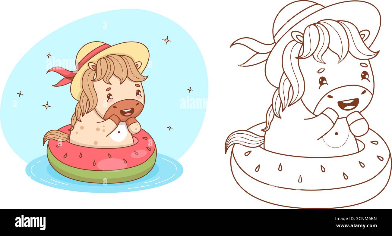 Sommer-Glückspferd in Hut auf aufblasbarem Wassermelonen-Ring-Set. Modelllinie und Farbzeichnung, Farbbuch. Isoliertes lustiges Tier-Cartoon Kawaii Pony Stock Vektor