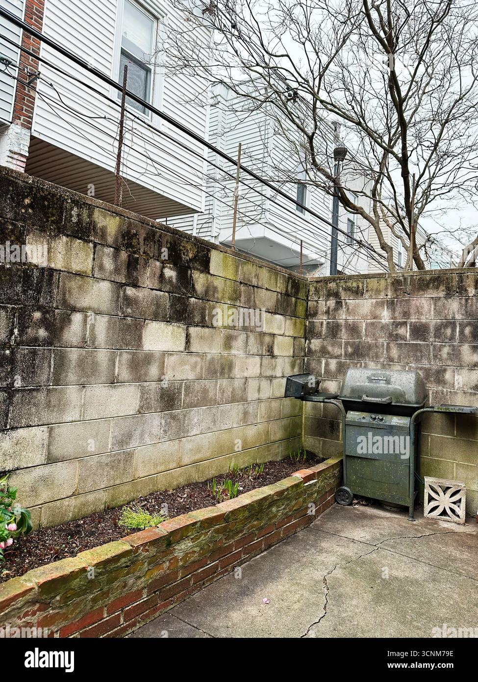 Philadelphia, Pennsylvania, USA - 28. April 2025: Vorort der USA Hinterhof mit moosiger Betonwand, Pflanzbeet und verwittertem Grill. Stockfoto