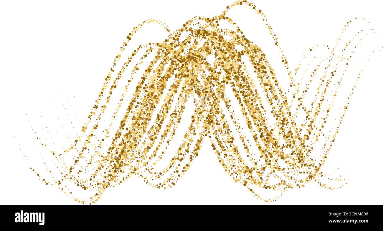 Dynamische goldene Wellen mit kleinen Partikeln und Glanzeffekten. Goldstipple-Strömungswellen, Glitzer-Wellenmuster. Goldener Vektor gekrümmte gestrichelte Linie Stock Vektor