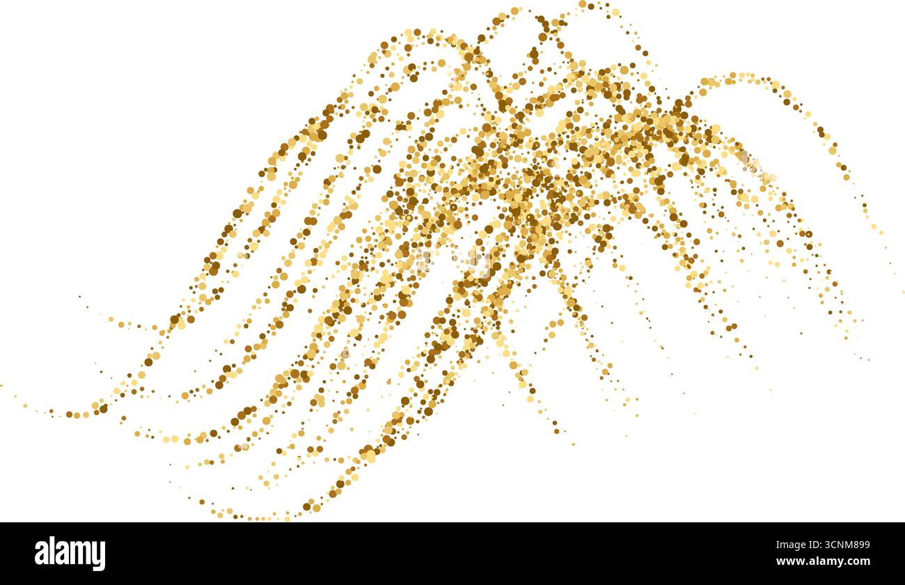 Goldstipple-Strömungswellen, Glitzer-Wellenmuster. Dynamische goldene Wellen mit kleinen Partikeln und Glanzeffekten. Goldener Vektor gekrümmte gestrichelte Linie Stock Vektor