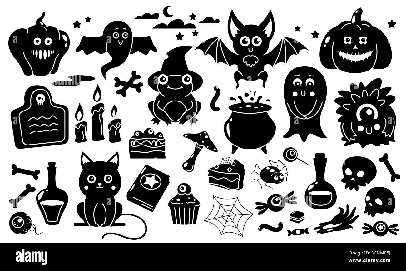 Halloween-Silhouetten. Gruselige Aufkleber mit traditionellen gruseligen Symbolen, schwarze Geistermonsterelemente für das Poster-Banner für die Oktoberparty. Vektor Stock Vektor
