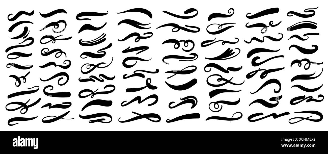 Swoosh unterstrichen. Dekorative Akzente, geschwungene Linien, Wellen- und Wirbel-Pinselstriche, elegante kalligraphische Rollen und Swashes, Doodle-Elemente. Vektorsatz Stock Vektor