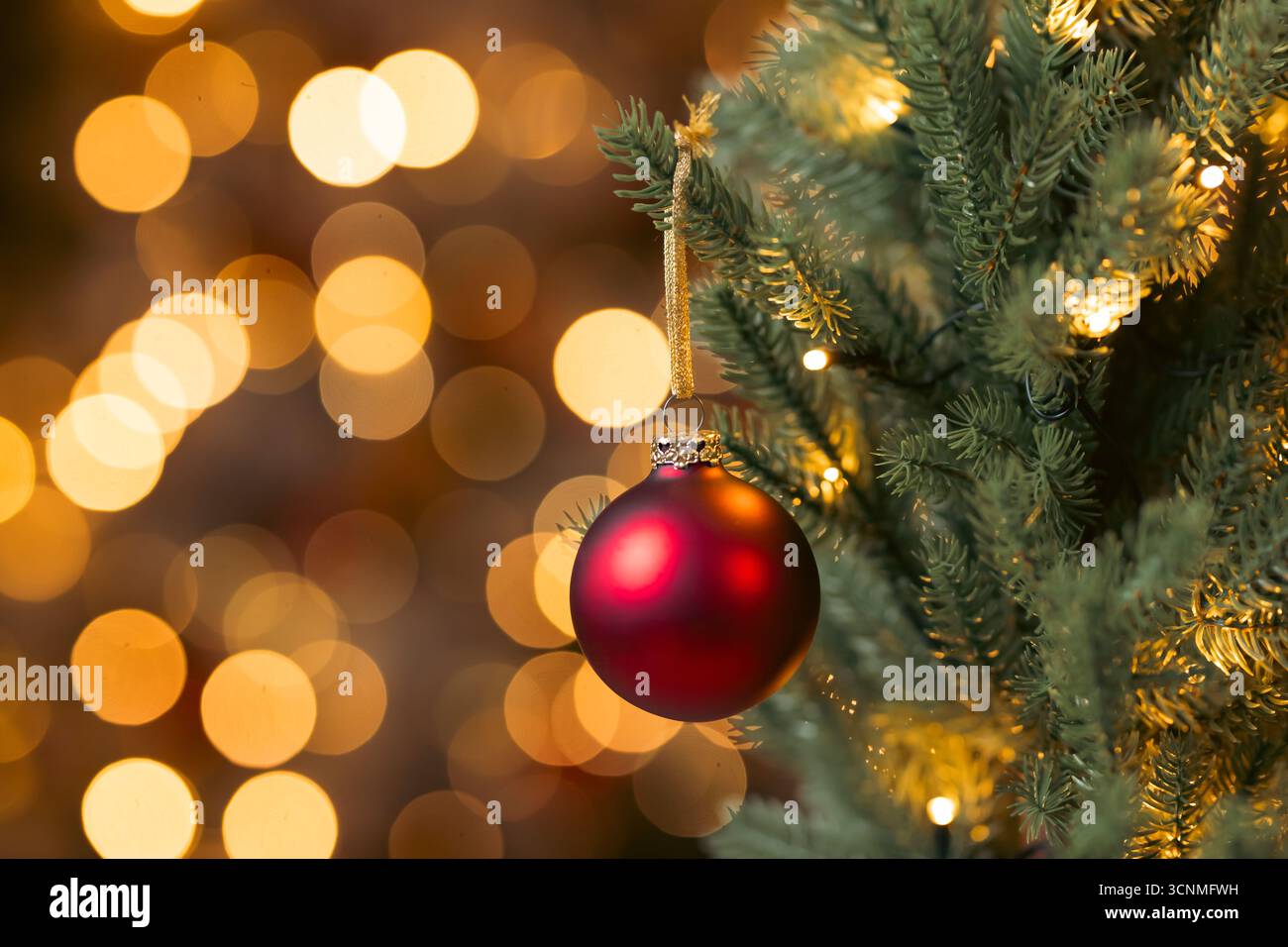 Rote Weihnachtskugel auf Tannenbaum mit Bokeh-Weihnachtslichtern im Hintergrund mit Kopierraum Stockfoto