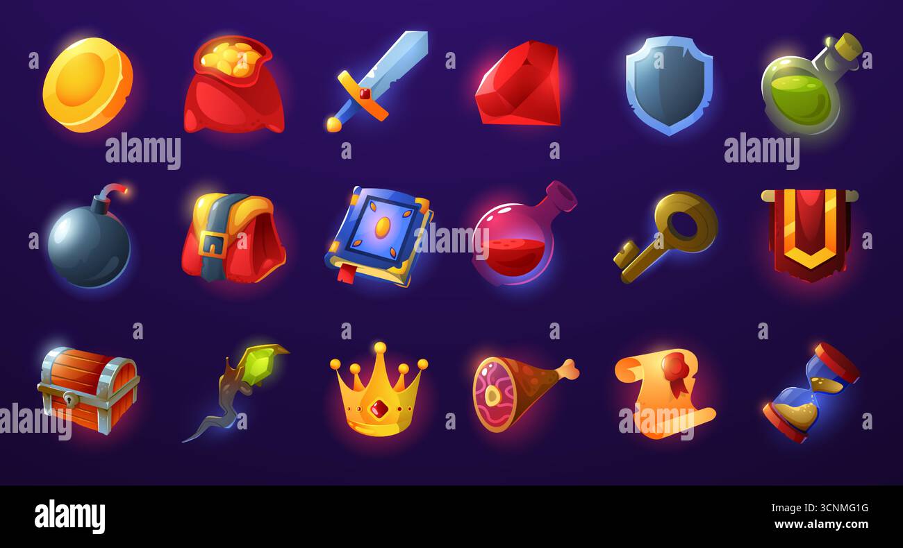 Symbole der Spieloberfläche. Cartoon-GUI-Schaltflächen und -Sprites, 2D-Mobile-Webanwendung Gold, Waffen- und magische Benutzeroberflächenelemente, isolierte Grafik Stock Vektor