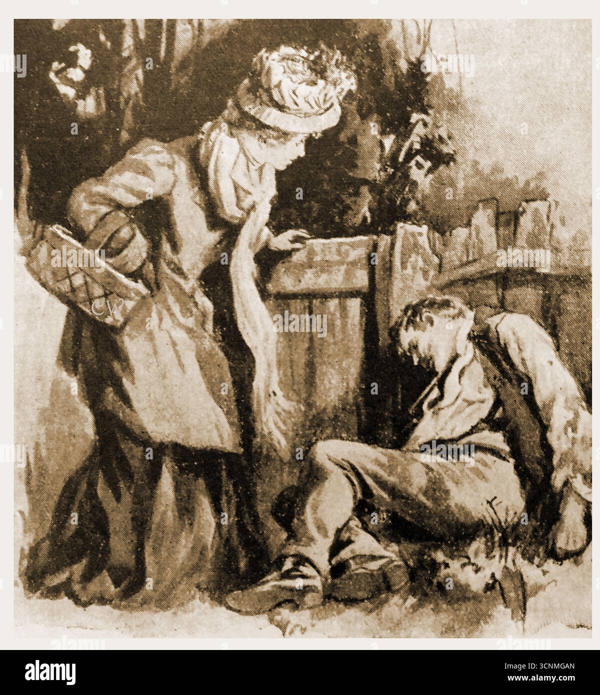 Ein Bild von 1908, auf dem eine Frau die Leiche eines Mannes in der Nähe ihres Gartentors entdeckt Stockfoto