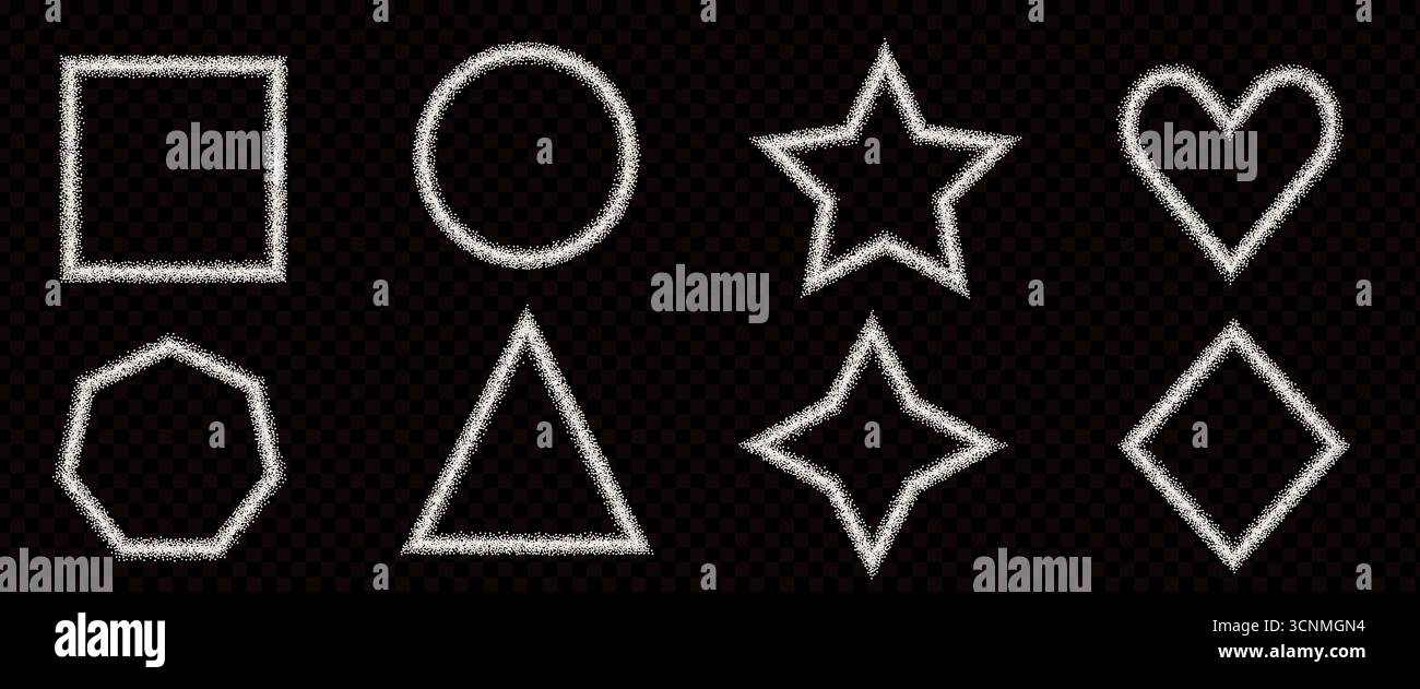 Salt geometrische Formen, dünner Konturrahmen. Körniges Rauschen strukturierte weiße Zuckerpulverränder in runden, Dreieck- und Herzformen. Mehlpulver Elem Stock Vektor