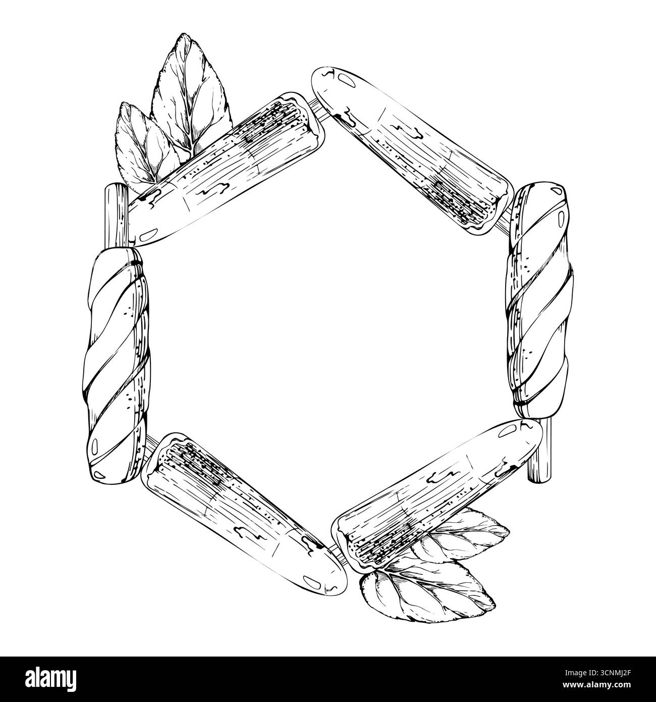 Glänzender, spiralförmiger Lolly-Popsicle. Minzblätter, schmelzende Wassertropfen. Vektorgrafik Kranzrahmen Illustration Hand gezeichnet in Stifttinte, Linienskizze Stock Vektor