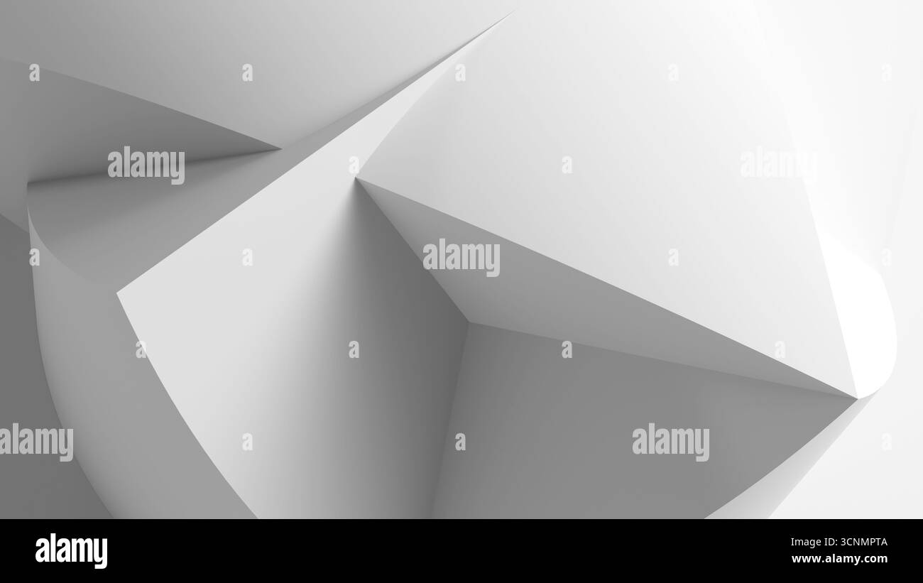 Eine klare, monochrome Szene mit scharfen weißen geometrischen Ebenen und weichen Schatten. Diese abstrakte Komposition vermittelt modernes Design, Struktur und Design Stockfoto Eine klare, monochrome Szene mit scharfen weißen geometrischen Ebenen und weichen Schatten. Diese abstrakte Komposition vermittelt modernes Design, Struktur und Design Stockfoto