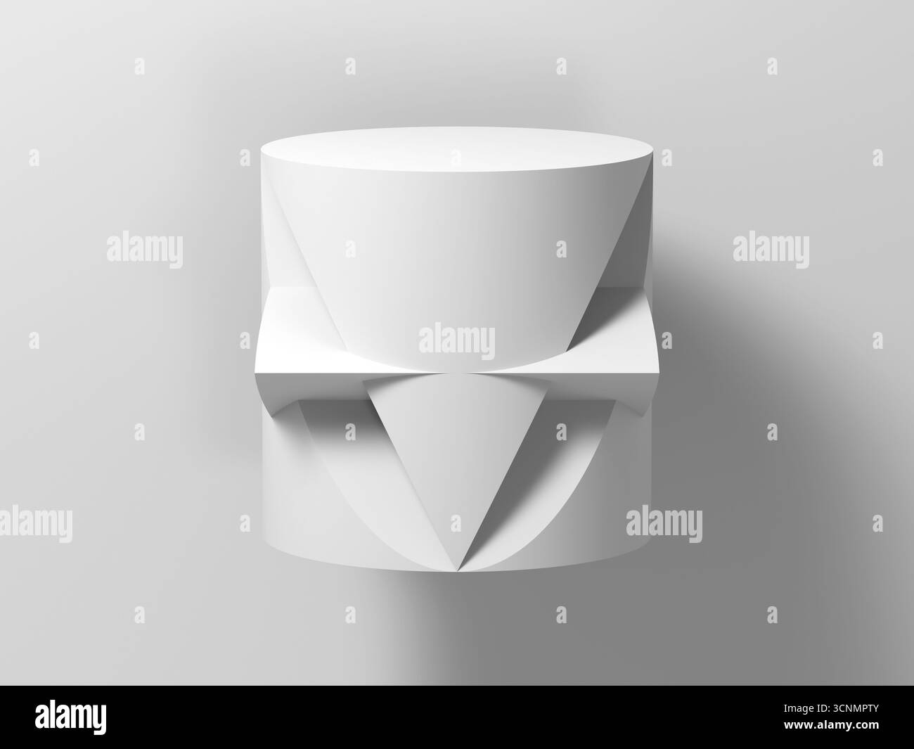 Eine klare, weiße geometrische Skulptur mit gefalteten Facetten und einer geschwungenen Zylinderform. Ideal als modernes Dekor oder Architekturkonzept, c Stockfoto Eine klare, weiße geometrische Skulptur mit gefalteten Facetten und einer geschwungenen Zylinderform. Ideal als modernes Dekor oder Architekturkonzept, c Stockfoto