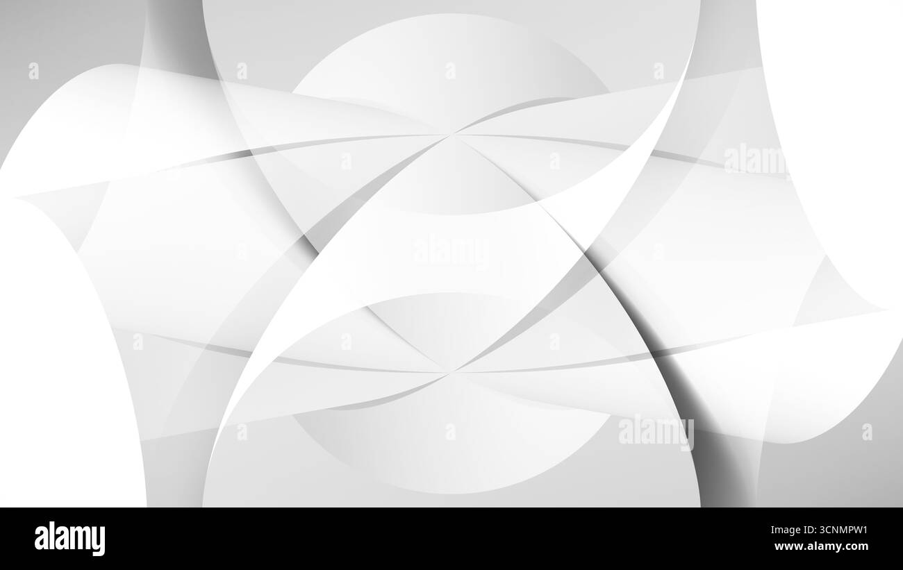 Eine schlanke, abstrakte Komposition aus sich überlappenden Kurven, Kreisen und Bögen in weiß- und Grautönen. Ideal als vielseitiger Hintergrund für Branding, Präsentati Stockfoto