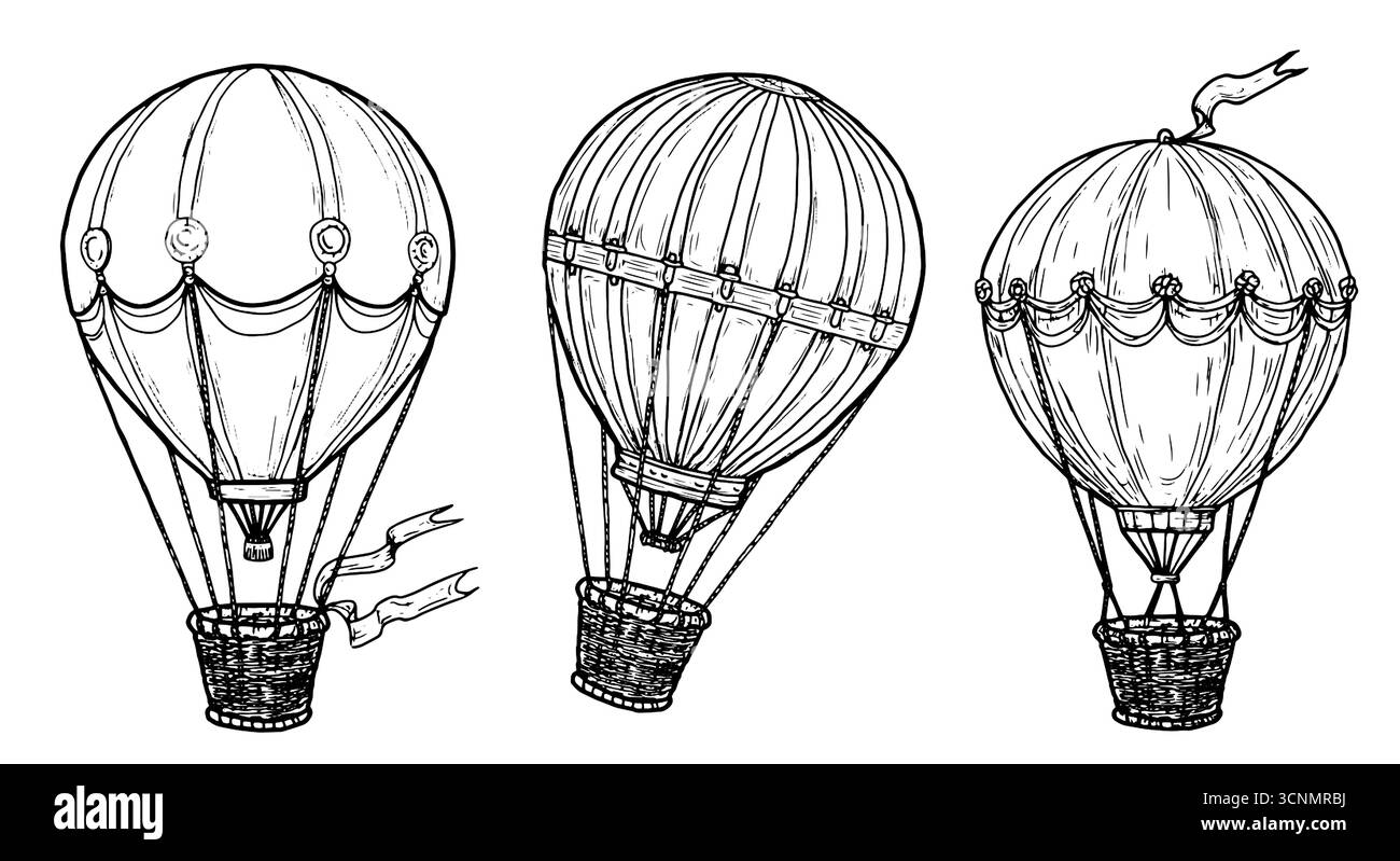 Ballon mit einem Korb, Skizze mit schwarzer und weißer Tinte. Vektorabbildung. Ballon mit Bändern, gesetzt, isoliert auf weißem Hintergrund. Für Postkarten Stock Vektor