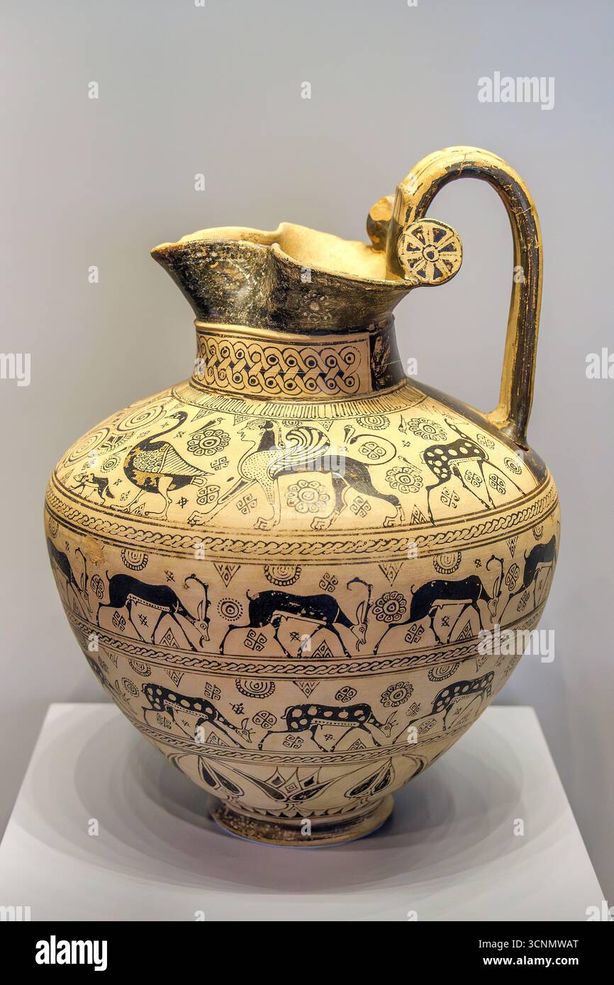 Antike griechische Oinochoe im Getty Villa Museum, Los Angeles, Kalifornien Stockfoto