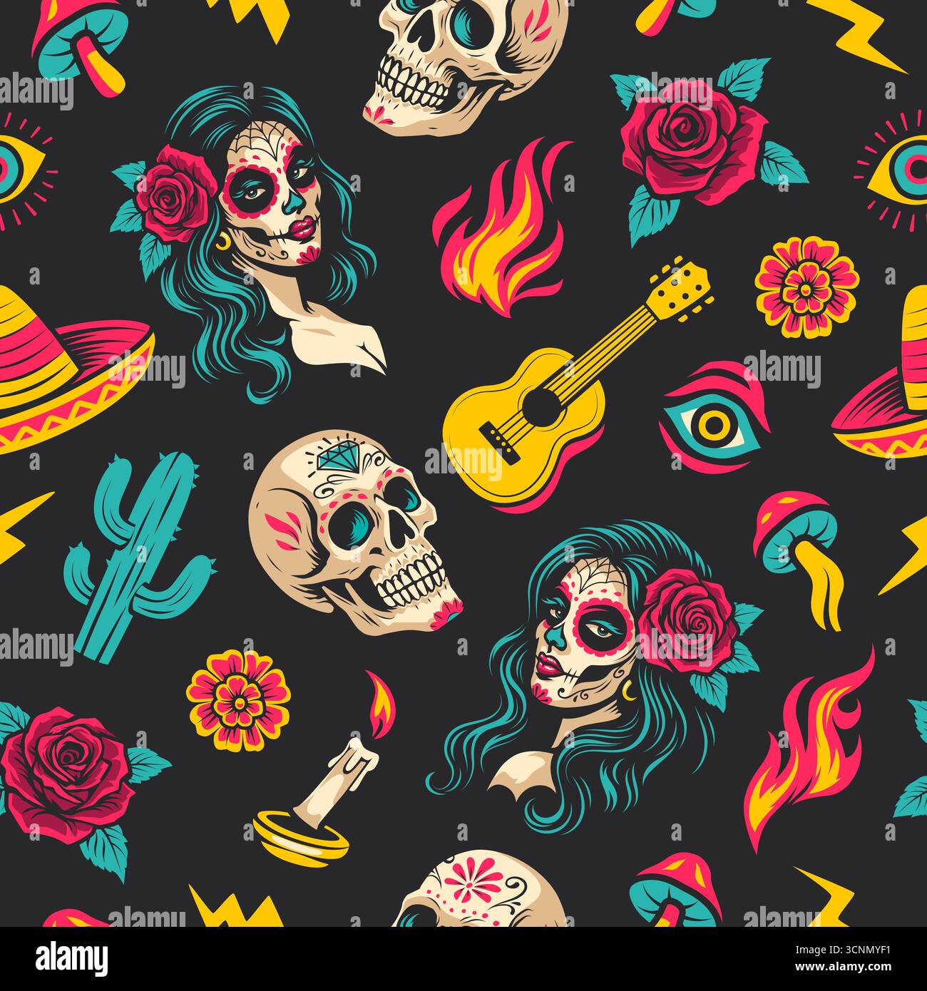 Nahtloses Muster im Day of the Dead Tattoo-Stil. Mischung aus traditioneller Weihnachtskunst und psychedelischen Symbolen. Leuchtende und trippige Farben. Vektorentwurzelemente auf schwarzem Hintergrund verstreut. Stock Vektor