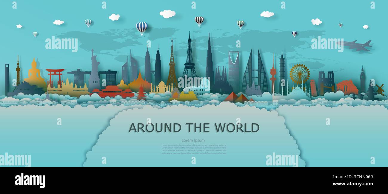 Reisen Sie Wahrzeichen Architekturwelt mit Weltkarte und türkisfarbenem Hintergrund, Tour farbenfrohe Architekturdenkmäler der Welt, Tourismus mit Panorama Stock Vektor