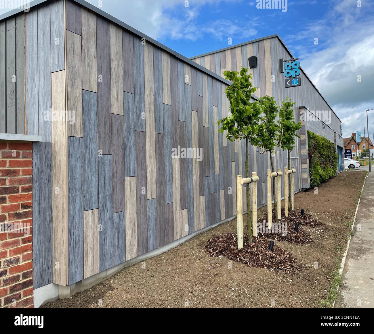 Neu gebautes Einzelhandelsgeschäft mit grüner Wand und Fledermausbox - Smartphone-aufgenommenes Stockfoto