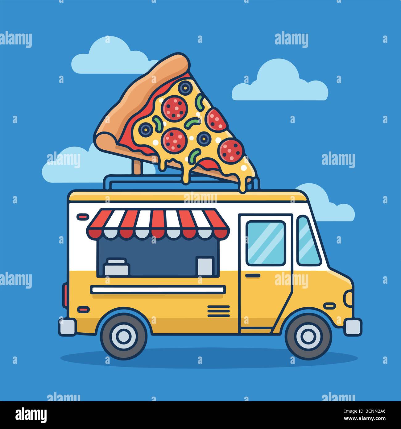 Orange Pizza Food Truck mit riesiger Pizzascheibe drauf Stock Vektor